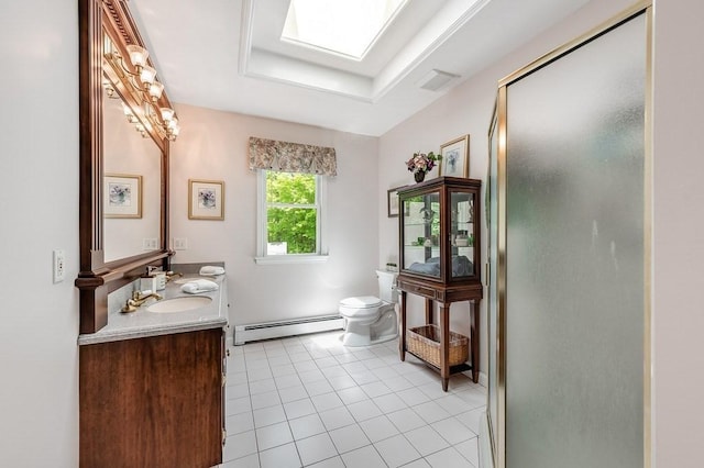 2470 W St, Wrentham, MA 02093 - bathroom with baseboard heating, double vanity, a shower stall, and toilet