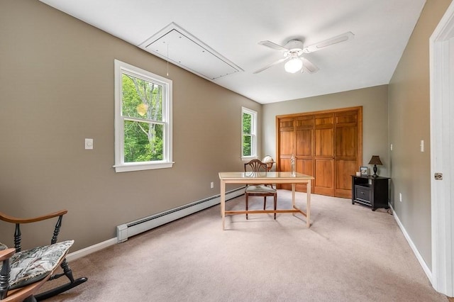 2470 W St, Wrentham, MA 02093 - home office featuring attic access, baseboard heating, a ceiling fan, light carpet, and baseboards