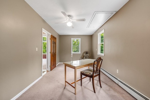 2470 W St, Wrentham, MA 02093 - office space with baseboard heating, attic access, baseboards, light colored carpet, and a ceiling fan