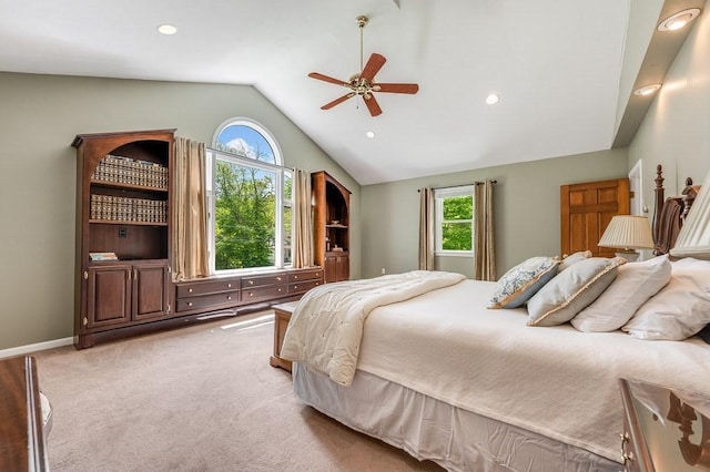 2470 W St, Wrentham, MA 02093 - bedroom featuring vaulted ceiling, light colored carpet, recessed lighting, a ceiling fan, and baseboards