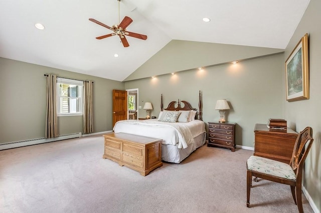 2470 W St, Wrentham, MA 02093 - bedroom featuring light carpet, baseboards, recessed lighting, ceiling fan, and high vaulted ceiling