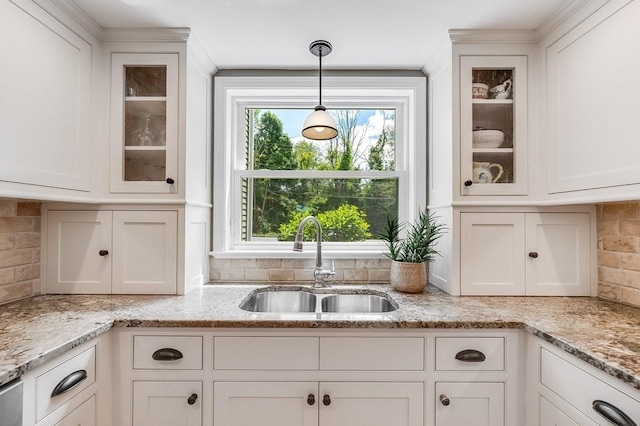 2470 W St, Wrentham, MA 02093 - kitchen featuring a sink, tasteful backsplash, white cabinets, and decorative light fixtures