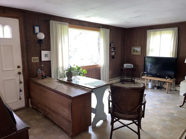127 Depot Rd, Boxford, MA 01921 - dining room featuring wood walls, baseboard heating, and a baseboard radiator