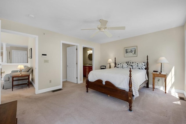 bedroom with light carpet, baseboards, visible vents, and ceiling fan