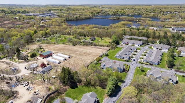 birds eye view of property with a water view and a view of trees