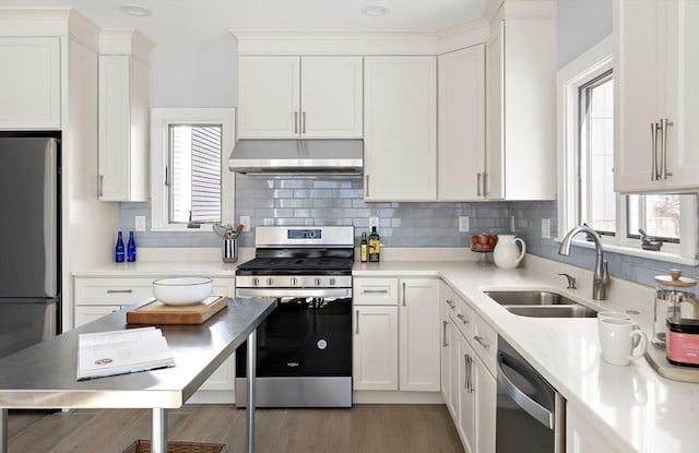 kitchen featuring under cabinet range hood, white cabinets, appliances with stainless steel finishes, and a sink