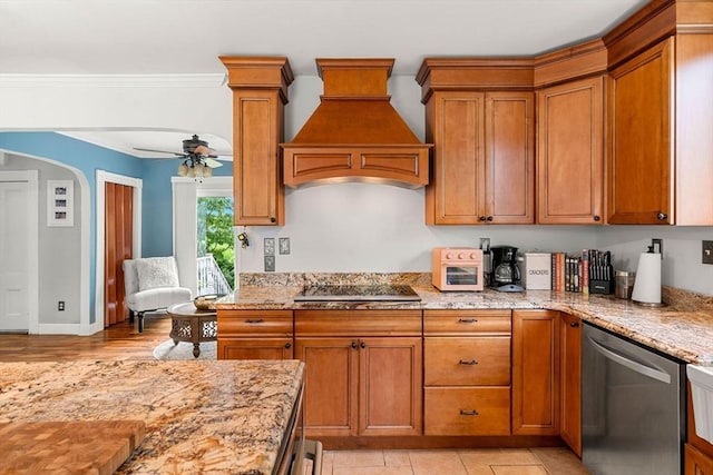 19 Brown Ct, Methuen, MA 01844 - kitchen with dishwasher, cooktop, premium range hood, brown cabinets, and crown molding