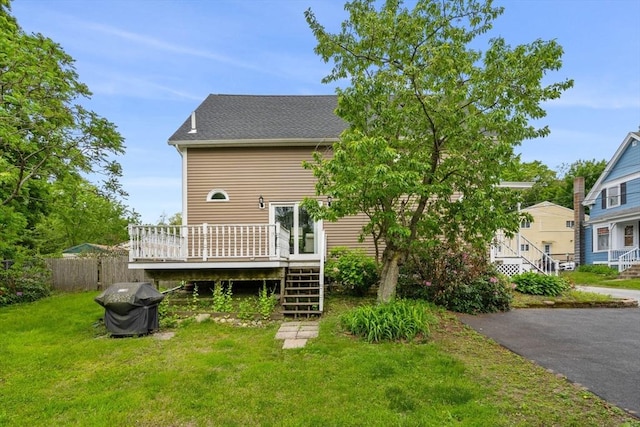 19 Brown Ct, Methuen, MA 01844 - rear view of property with stairs, a wooden deck, and a shingled roof