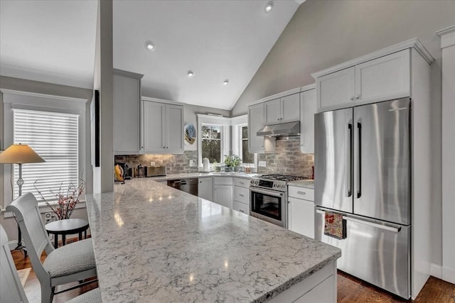 kitchen with appliances with stainless steel finishes, a breakfast bar area, decorative backsplash, light stone counters, and dark wood-type flooring