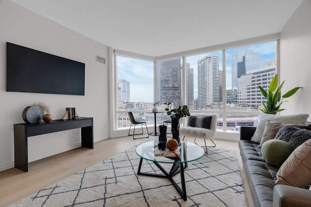 living room featuring expansive windows and light hardwood / wood-style floors