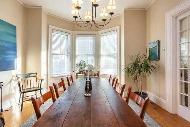 36 7th St, New Bedford, MA 02740 - dining room featuring hardwood / wood-style floors, a chandelier, baseboards, and ornamental molding