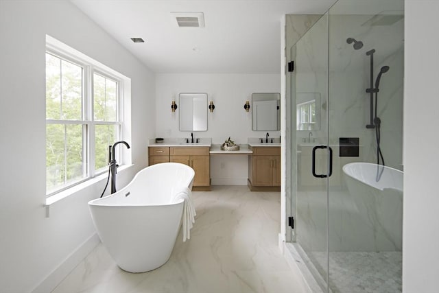 19 Couture Way, Middleton, MA 01949 - bathroom with marble finish floors, vanity, a marble finish shower, and a soaking tub