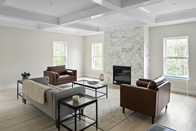 19 Couture Way, Middleton, MA 01949 - living room with coffered ceiling, light wood finished floors, beamed ceiling, a premium fireplace, and crown molding