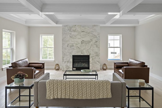 19 Couture Way, Middleton, MA 01949 - living area with coffered ceiling, healthy amount of natural light, beam ceiling, a premium fireplace, and ornamental molding