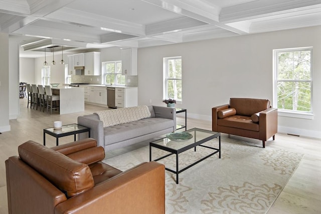 19 Couture Way, Middleton, MA 01949 - living room featuring coffered ceiling, light wood-type flooring, beam ceiling, and crown molding
