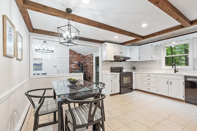 24 Squirrel Hill Rd, Acton, MA 01720 - kitchen featuring black appliances, a chandelier, beam ceiling, light countertops, and white cabinetry