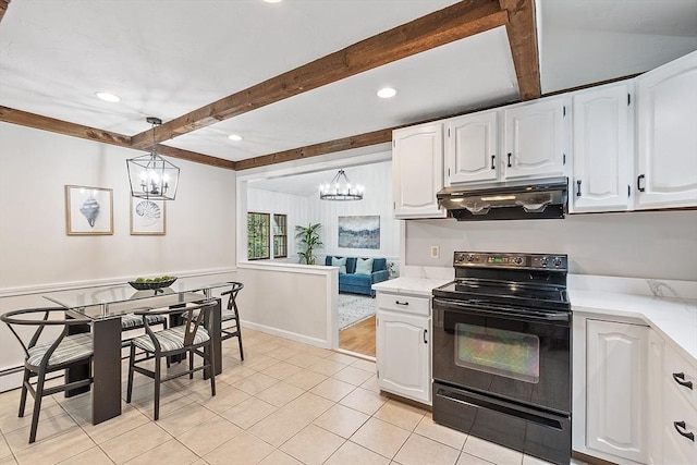 24 Squirrel Hill Rd, Acton, MA 01720 - kitchen featuring black electric range, beam ceiling, range hood, a chandelier, and white cabinets