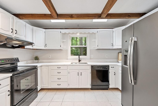 24 Squirrel Hill Rd, Acton, MA 01720 - kitchen featuring black appliances, under cabinet range hood, open shelves, beam ceiling, and white cabinets