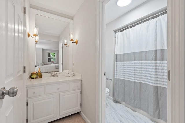 24 Squirrel Hill Rd, Acton, MA 01720 - full bath with vanity, marble finish floors, and a shower with shower curtain