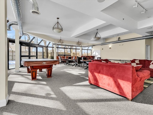 playroom featuring pool table, light colored carpet, and rail lighting