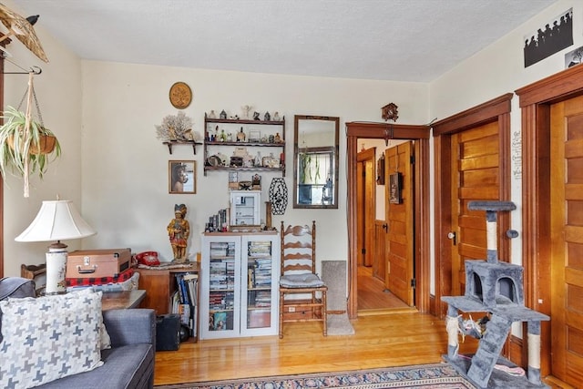 sitting room with light wood-style flooring and a wood stove