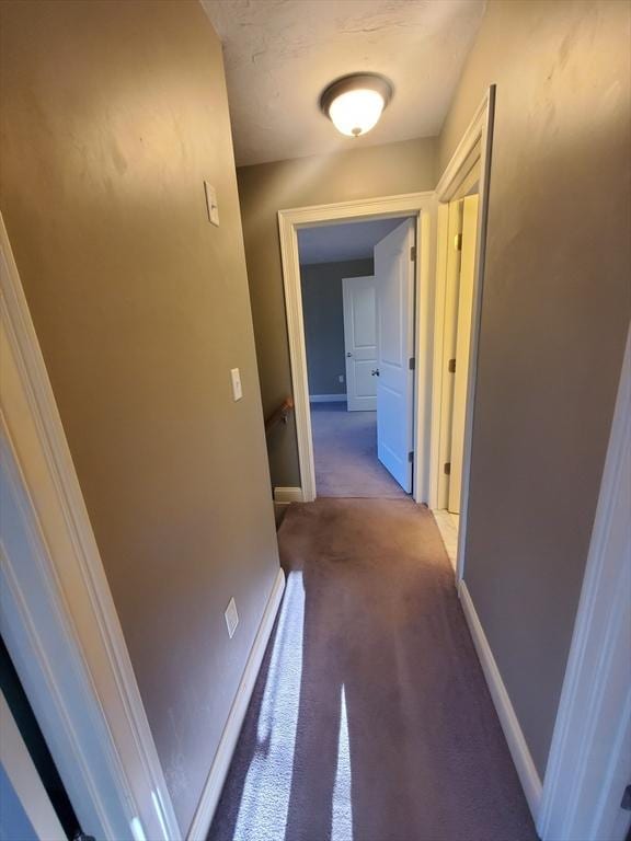 hallway with light colored carpet