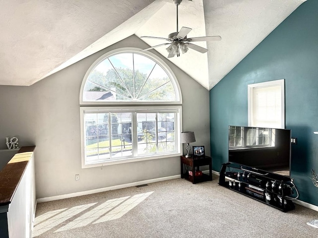 62 Moreland Green Dr, Worcester, MA 01609 - living area with vaulted ceiling, ceiling fan, carpet floors, baseboards, and a textured ceiling