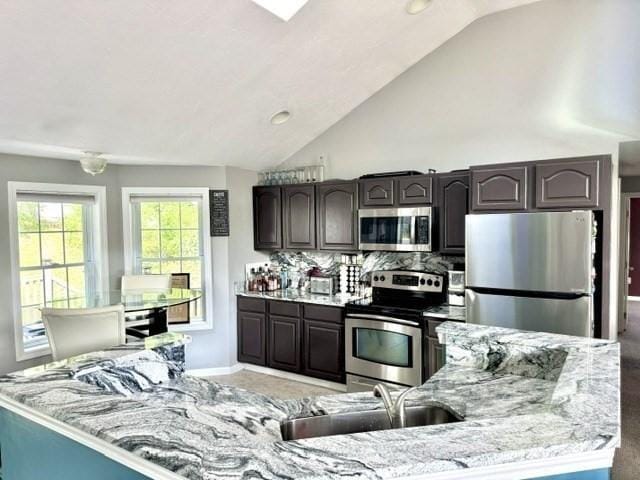 62 Moreland Green Dr, Worcester, MA 01609 - kitchen featuring appliances with stainless steel finishes, a sink, dark brown cabinetry, vaulted ceiling, and tasteful backsplash