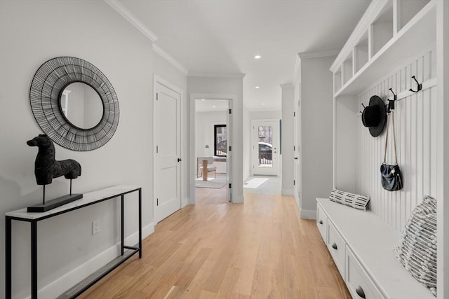 832 E 3rd Unit A, Boston, MA 02127 - mudroom featuring light wood finished floors, crown molding, and recessed lighting