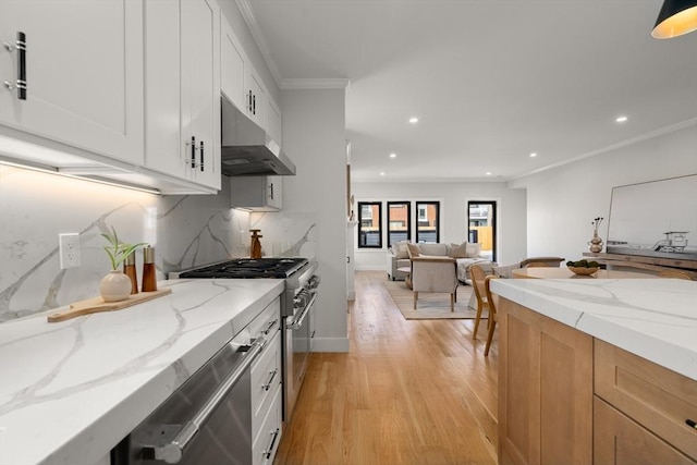 832 E 3rd Unit A, Boston, MA 02127 - kitchen featuring stainless steel appliances, under cabinet range hood, light wood-style floors, recessed lighting, and white cabinetry