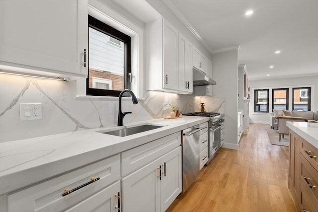 832 E 3rd Unit A, Boston, MA 02127 - kitchen with appliances with stainless steel finishes, under cabinet range hood, ornamental molding, decorative backsplash, and light wood-style floors