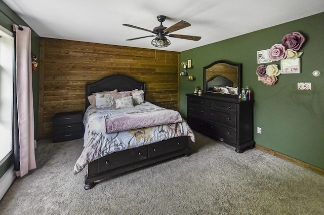 249 Chace Rd, Freetown, MA 02717 - bedroom featuring carpet flooring, wood walls, and ceiling fan