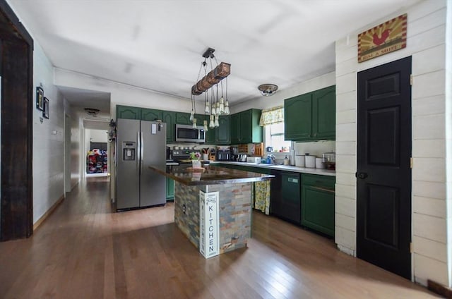 249 Chace Rd, Freetown, MA 02717 - kitchen featuring green cabinets, appliances with stainless steel finishes, dark wood-type flooring, and a kitchen island
