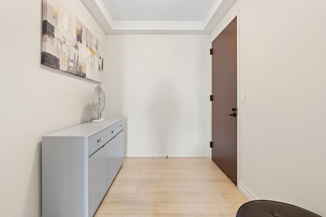 1 Franklin St Unit 1504, Boston, MA 02110 - hall featuring light wood-style floors, a tray ceiling, and baseboards
