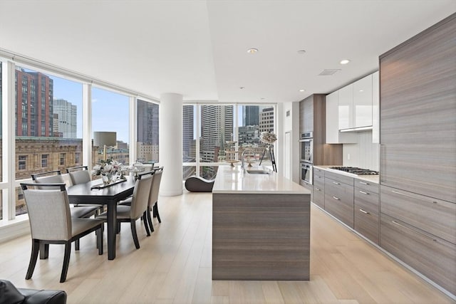 1 Franklin St Unit 1504, Boston, MA 02110 - kitchen featuring modern cabinets, a city view, an island with sink, stainless steel appliances, and light wood-style floors