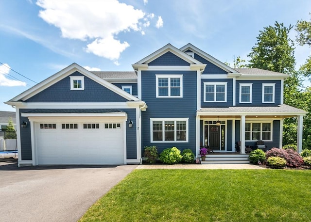 17 Elinor Cir, Waltham, MA 02452 - view of front of home with driveway, covered porch, a front yard, a garage, and a shingled roof