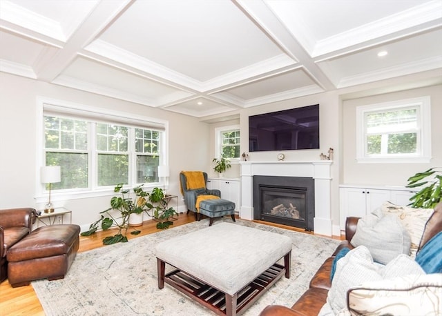 17 Elinor Cir, Waltham, MA 02452 - living room with coffered ceiling, a glass covered fireplace, beamed ceiling, wood finished floors, and crown molding