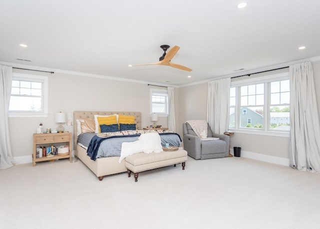 17 Elinor Cir, Waltham, MA 02452 - bedroom with ornamental molding, carpet flooring, recessed lighting, baseboards, and a ceiling fan