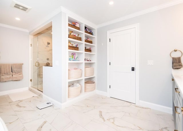 17 Elinor Cir, Waltham, MA 02452 - bathroom with ornamental molding, a marble finish shower, vanity, recessed lighting, and marble look tile flooring