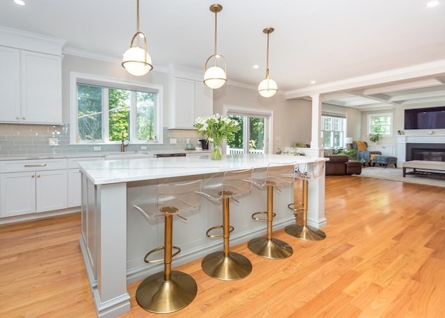 17 Elinor Cir, Waltham, MA 02452 - kitchen with crown molding, decorative backsplash, a sink, white cabinetry, and recessed lighting