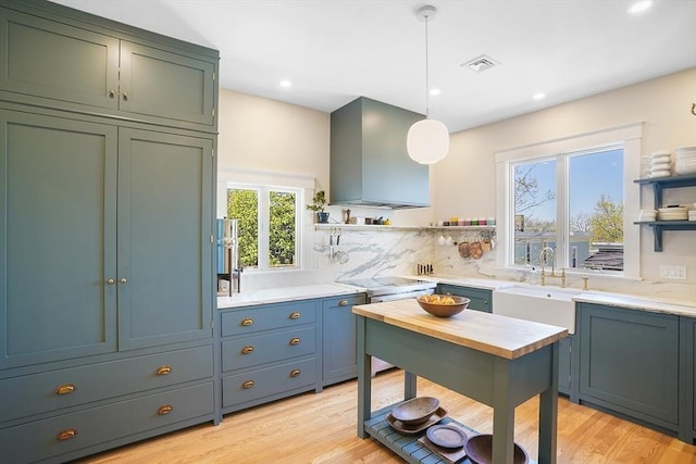 kitchen with visible vents, a sink, open shelves, and wall chimney range hood