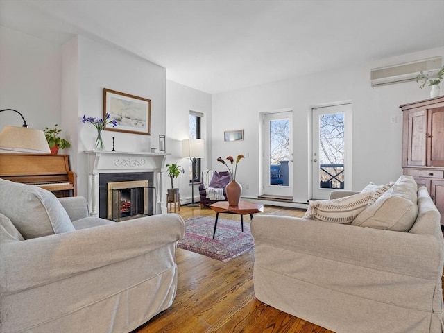 living room with a fireplace and wood finished floors