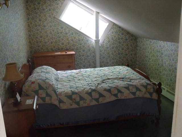 2 N St, Williamsburg, MA 01096 - bedroom with a baseboard heating unit, vaulted ceiling, and wallpapered walls