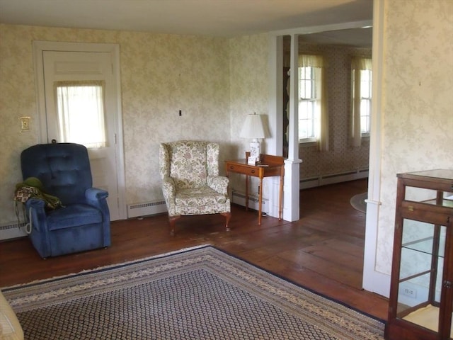 2 N St, Williamsburg, MA 01096 - sitting room featuring wood-type flooring, wallpapered walls, a baseboard radiator, and baseboard heating