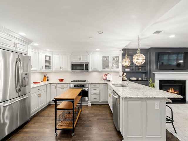 115 Sewall Ave Unit 1, Brookline, MA 02446 - kitchen with stainless steel appliances, a peninsula, white cabinetry, recessed lighting, and glass insert cabinets