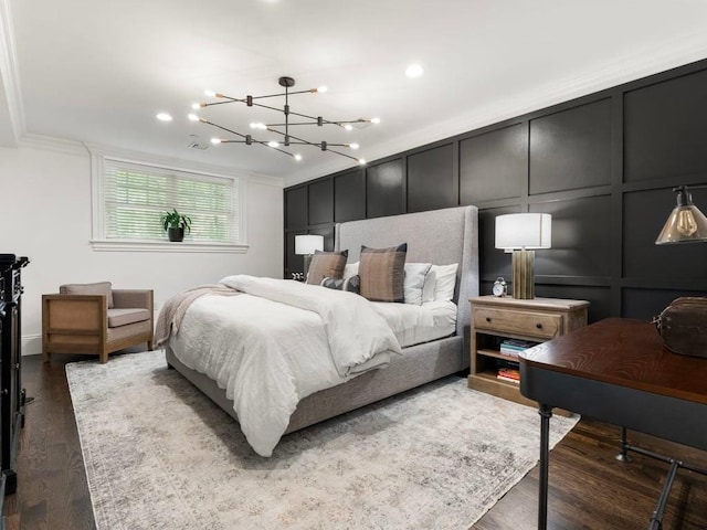 115 Sewall Ave Unit 1, Brookline, MA 02446 - bedroom featuring a decorative wall, crown molding, a chandelier, wood finished floors, and recessed lighting