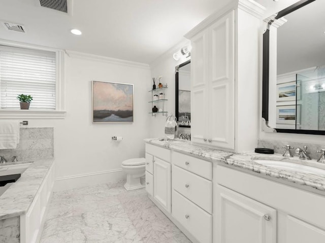 115 Sewall Ave Unit 1, Brookline, MA 02446 - bathroom with double vanity, an enclosed shower, marble finish floors, and crown molding