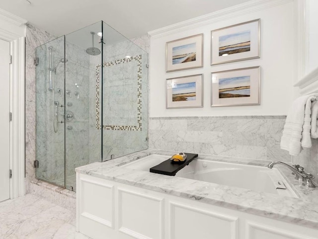115 Sewall Ave Unit 1, Brookline, MA 02446 - full bath with a marble finish shower, a bath, and ornamental molding