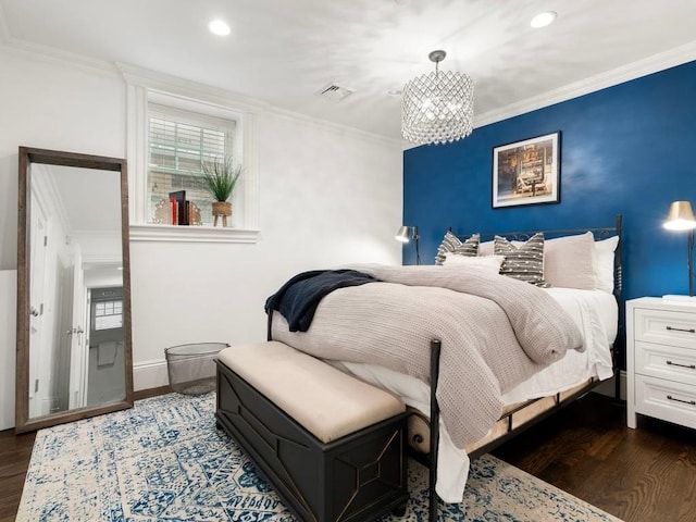 115 Sewall Ave Unit 1, Brookline, MA 02446 - bedroom with wood finished floors, a chandelier, recessed lighting, and ornamental molding