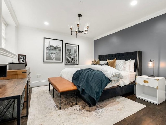 115 Sewall Ave Unit 1, Brookline, MA 02446 - bedroom with a chandelier, wood finished floors, crown molding, and recessed lighting